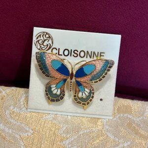 Butterfly Cloisonne Gold Tone Vintage BROOCH